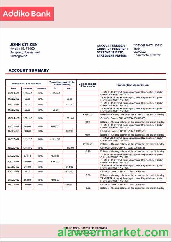 Bosnia and Herzegovina Addiko bank statement template in Word and PDF format